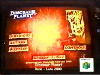 Menu screen. Dinosaur Planet logo in top left. Below it, 3 menu options reading "Sidekicks," "Action," and "Puzzles." On the right, General Scales is above another option, "Controls." Near the bottom of the screen are control instructions: "A: Select, B: Back," and a text superimposed on the image reading "Dinosaur Planet Rare - Late 2000s"