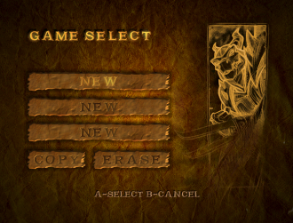 December 2001 Build Menu. Game Select screen, with 3 options for new files, Copy, Erase, and controls at the bottom: "A-Select, B-Cancel." A drawing of scales sits off to the side.