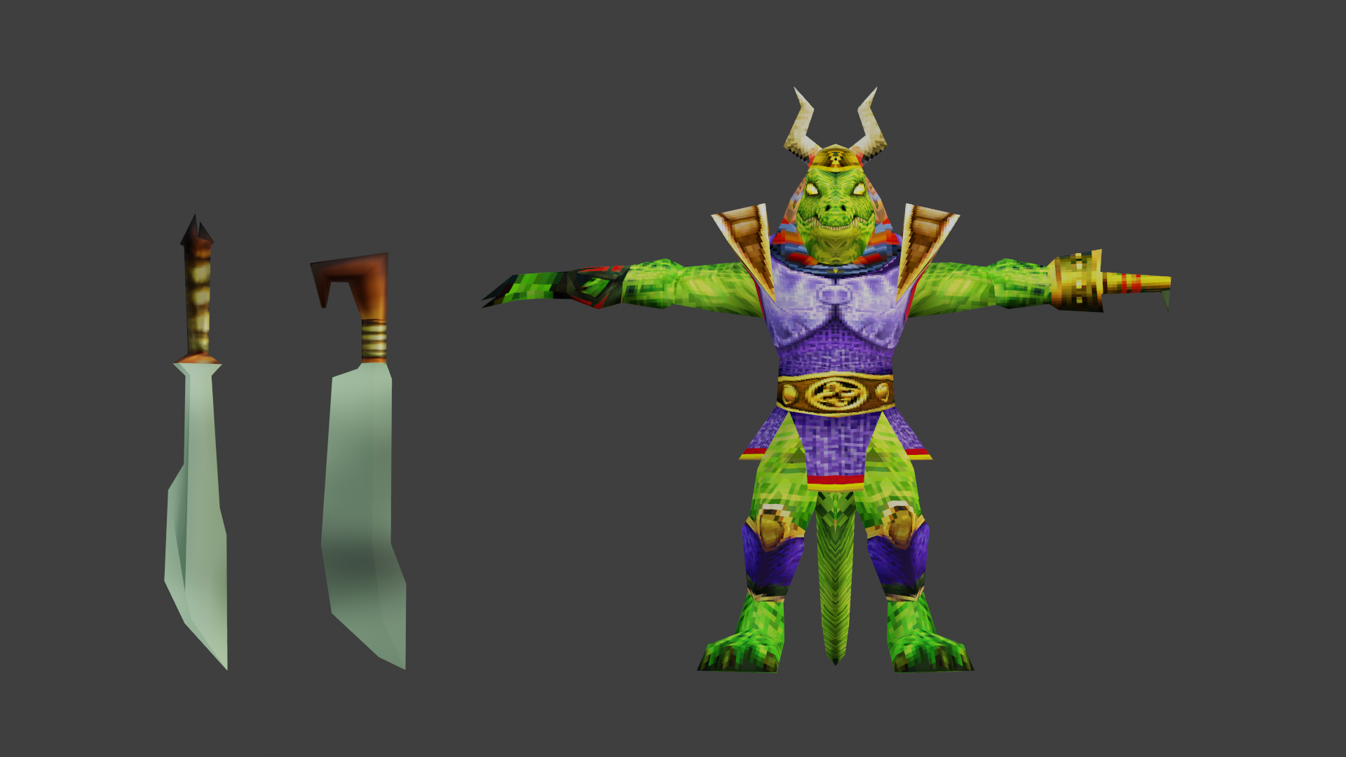 Scale's in game model, t-posing on the right, next two two swords